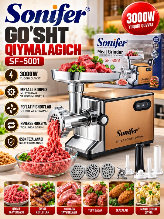 Sonifer SF 5001 Go‘sht Qiymalagich 3000W Kuchli Elektr Go‘sht Maydalagich