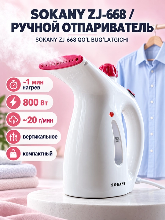 Sokany ZJ-668 qo'l bug' dazmoli,800Vt,200ml suv idishi,portativ kiyim bug' dazmol - 