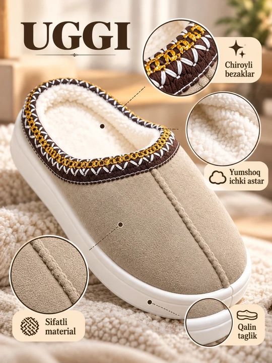 UGGI uy shippagi kuzgi va qishki mavsum uchun, yumshoq astarli, issiq va qulay