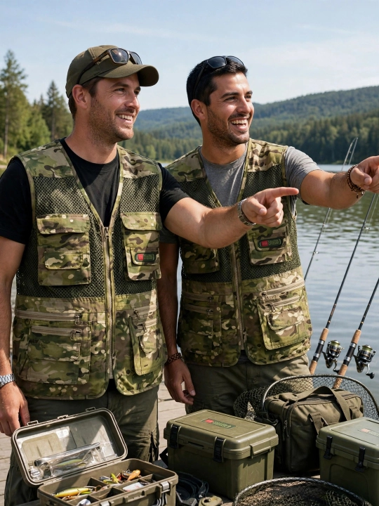 Taktik nimcha, ov va baliq ovlash uchun erkaklar kamuflyaji, 10 ta cho‘ntakli, to‘rli