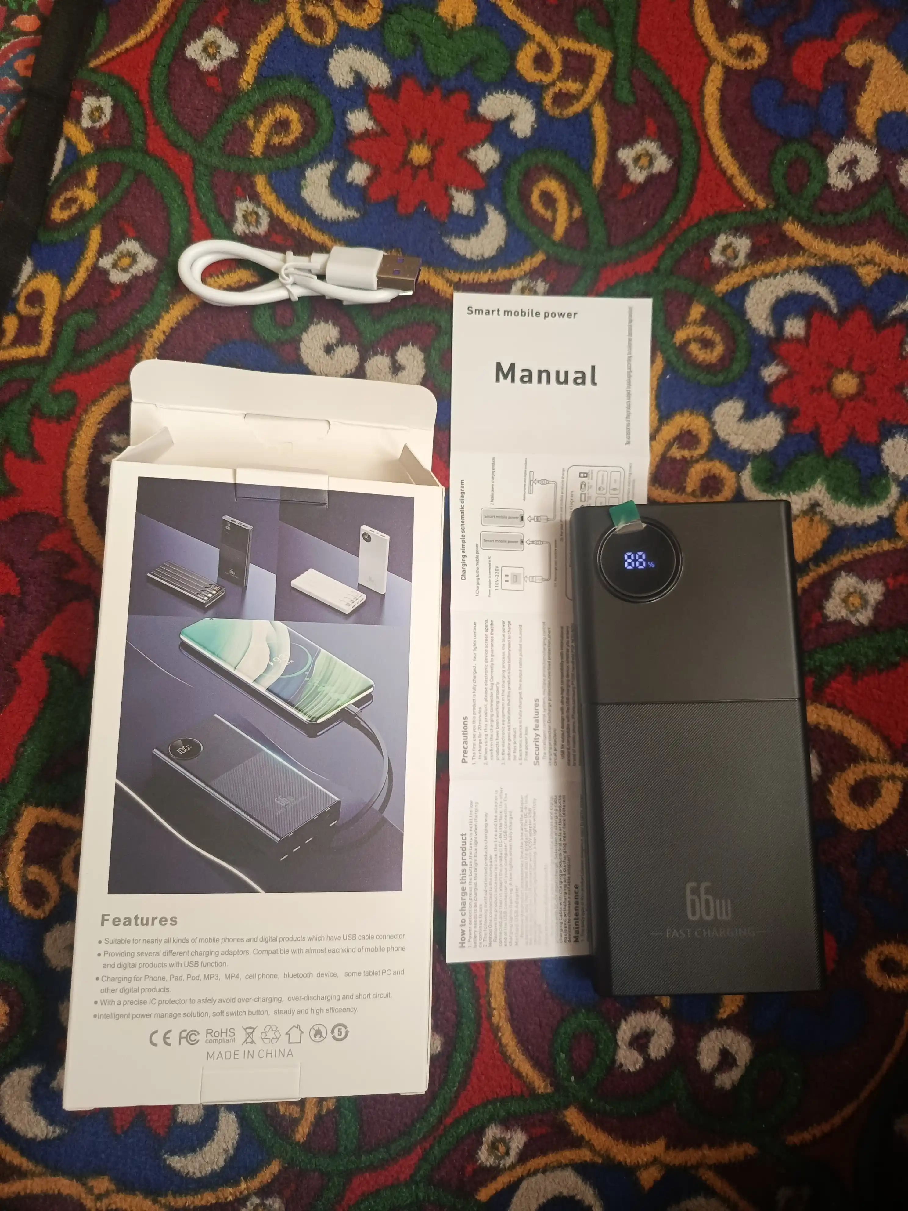 Power Bank 20000mA 66-22.5W tezkor quvvat bilan tashqi akkumulyatori, +4 kabel bilan