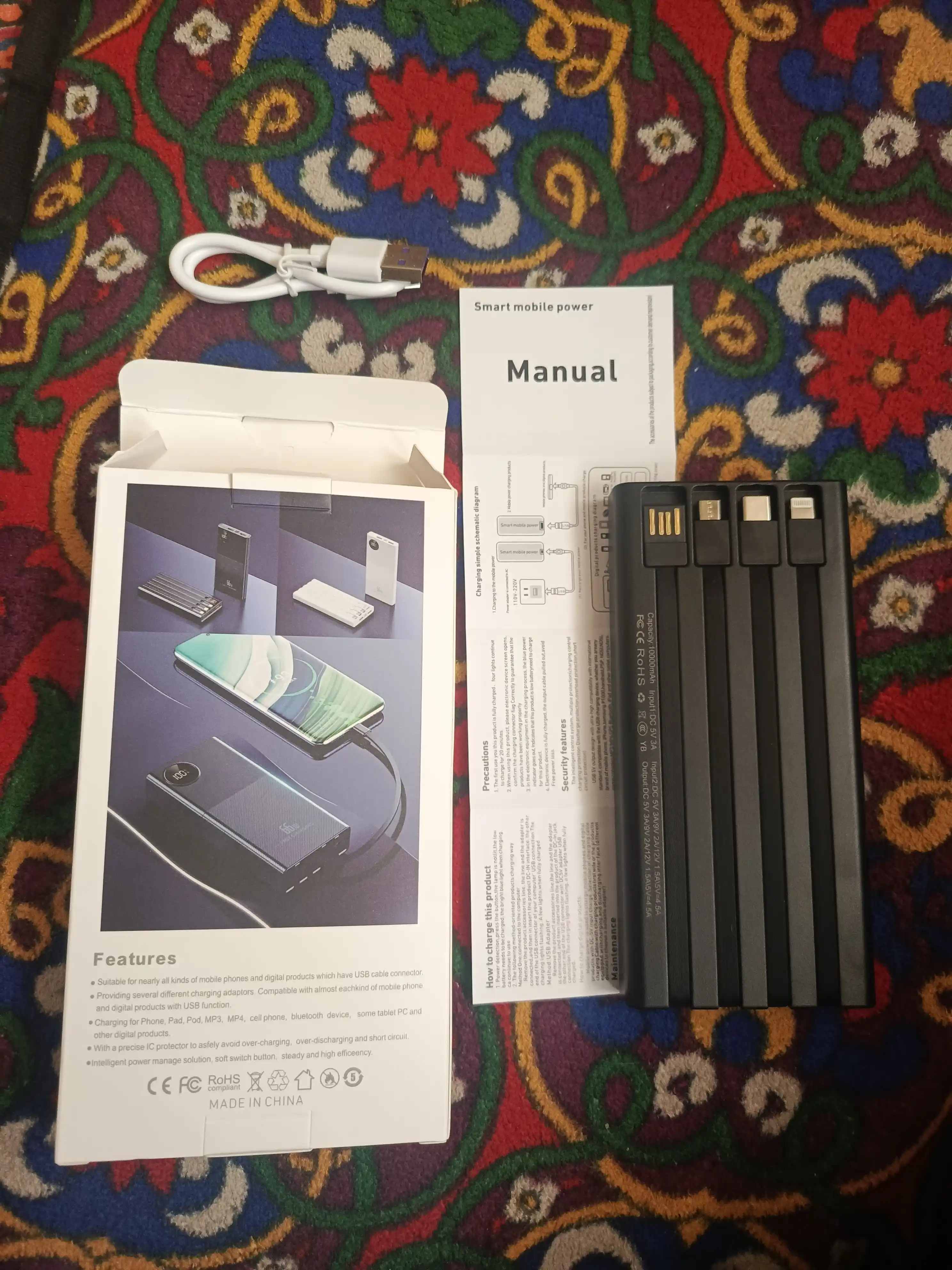 Power Bank 20000mA 66-22.5W tezkor quvvat bilan tashqi akkumulyatori, +4 kabel bilan