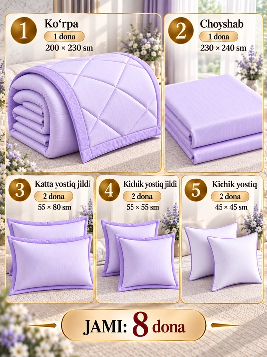 Seven Star 8 qismli ko‘rpali to‘plam, choyshab va yostiq jildlari bilan