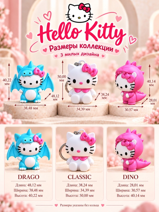 Брелок Hello Kitty 3D, игрушка-подвеска для сумки, рюкзака и ключей, 3 дизайна
