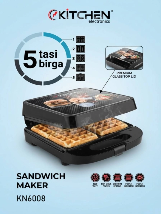 Сэндвичница и вафельница 5в1 , 3 в 1 Kitchen Electronics KN6006, мультипекарь 1000 Вт⁠ - 
