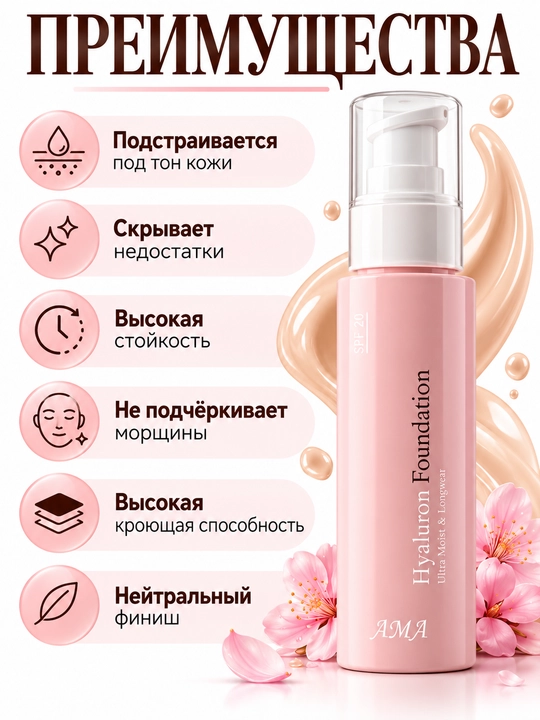 Тonal kremi kollagen va gialuron kislotasi bilan, SPF 20, 21-ton,24 soatgacha chidamli