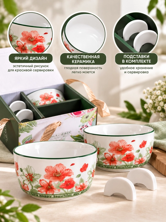 Idishlar to‘plami, gulli naqshli chinni piyolalar, 2 dona, taglikli, 115 mm