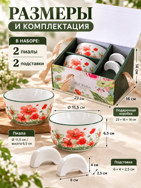 Idishlar to‘plami, gulli naqshli chinni piyolalar, 2 dona, taglikli, 115 mm