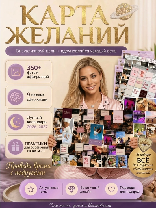 Карта желаний с наклейками и аффирмациями, карта Багуа 9 секторов - 