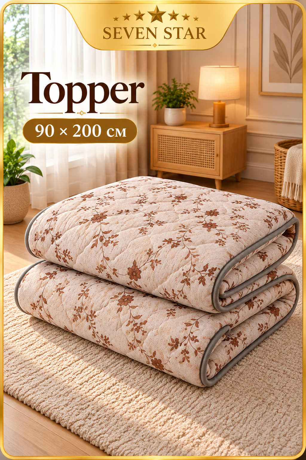 Bir kishilik topper 90×200 sm, gulli naqshli, yumshoq to‘shak qoplamasi — Seven Star