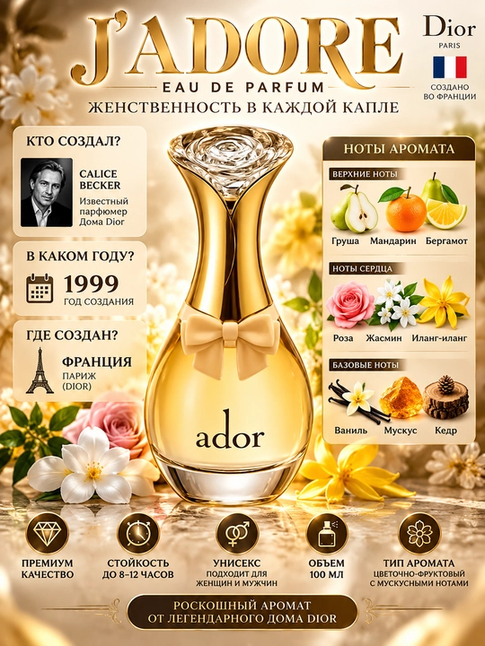 J'Adore, Ayollar uchun noodatiy gulli, elegant va xashamatli atir, 100ml
