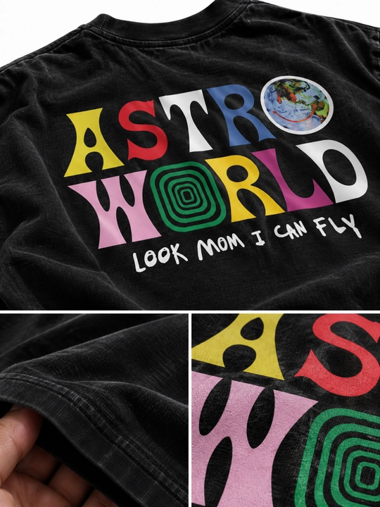 Katta o‘lchamli Astroworld futbolkasi, qora, unisex, orqasida rangli bosma naqshli