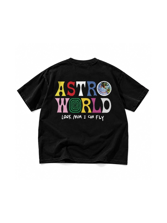 Katta o‘lchamli Astroworld futbolkasi, qora, unisex, orqasida rangli bosma naqshli - 