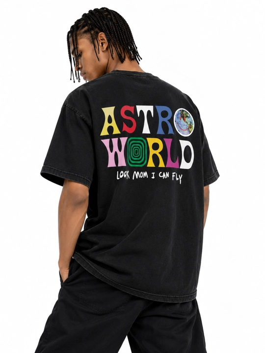 Katta o‘lchamli Astroworld futbolkasi, qora, unisex, orqasida rangli bosma naqshli