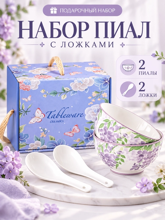 Idishlar to‘plami, gulli naqshli chinni piyolalar, 2 dona, taglikli, 115 mm