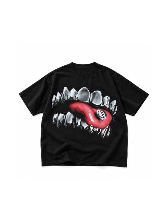 Y2K Chrome Bite katta o‘lchamli futbolkasi, 100% paxta, qora, unisex, bosma naqshli - 