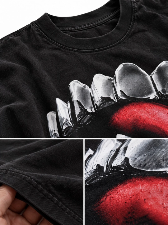 Y2K Chrome Bite katta o‘lchamli futbolkasi, 100% paxta, qora, unisex, bosma naqshli