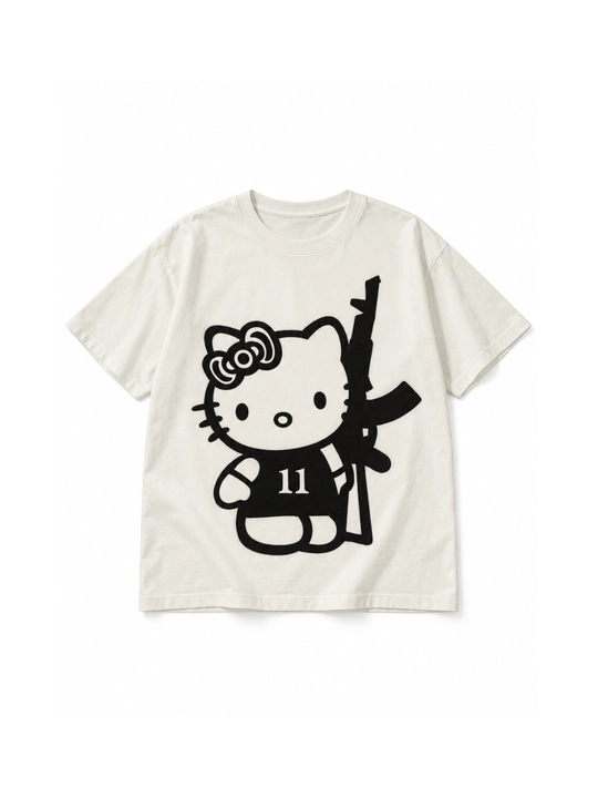 Hello Kitty oversayz futbolka, 100% paxta, oq, uniseks, ko‘cha uslubida, printli - 