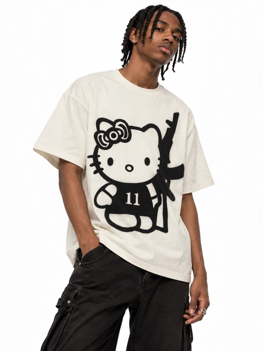 Hello Kitty oversayz futbolka, 100% paxta, oq, uniseks, ko‘cha uslubida, printli