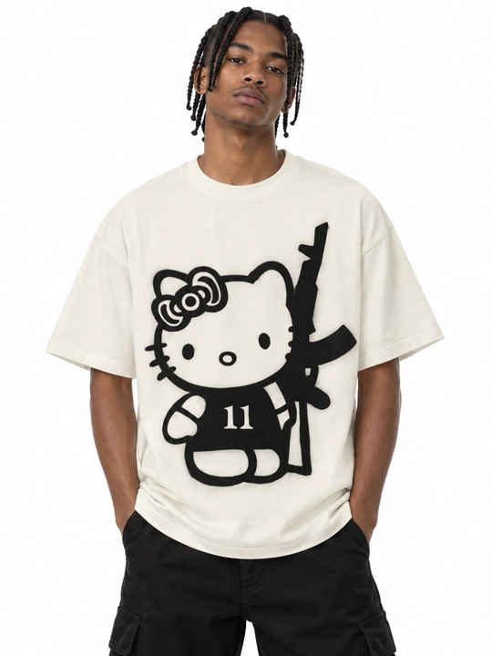 Hello Kitty oversayz futbolka, 100% paxta, oq, uniseks, ko‘cha uslubida, printli