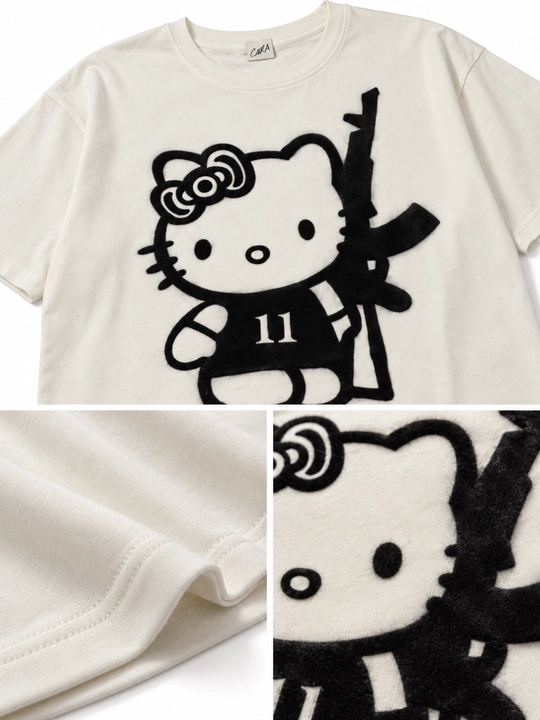Hello Kitty oversayz futbolka, 100% paxta, oq, uniseks, ko‘cha uslubida, printli