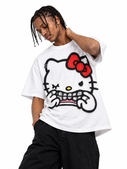 Hello Kitty oversayz futbolka, 100% paxta, oq, uniseks, ko‘cha uslubida, printli