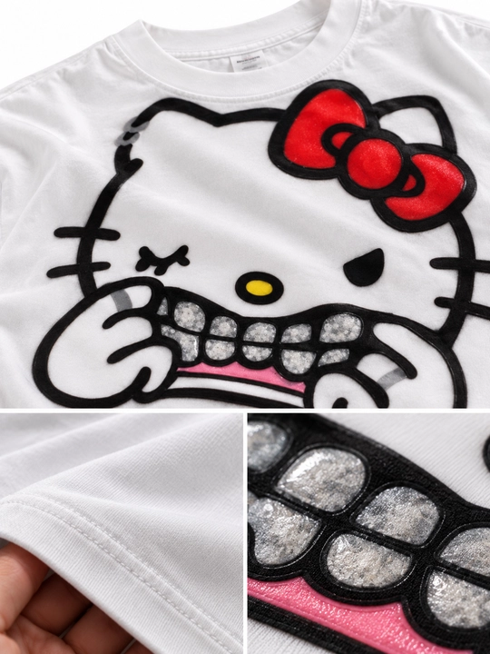 Hello Kitty oversayz futbolka, 100% paxta, oq, uniseks, ko‘cha uslubida, printli