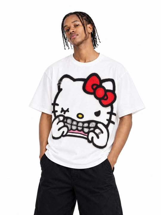 Hello Kitty oversayz futbolka, 100% paxta, oq, uniseks, ko‘cha uslubida, printli