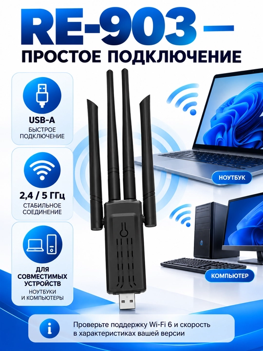 RE-903 USB Wi-Fi adapter, 2.4/5 GHz, 4 ta antenna, simsiz tarmoq adapteri