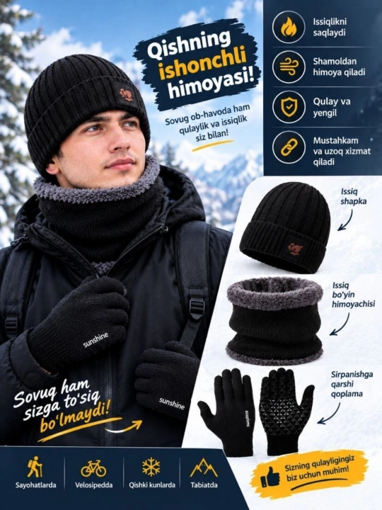 Erkaklar uchun qishki sharf, qolqop, shapka toplami. Erkaklar uchun bosh kiyimlar toplami - 