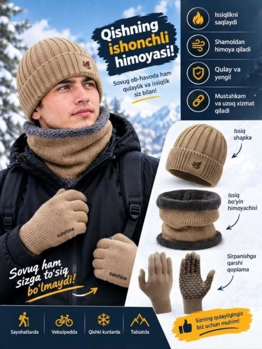 Erkaklar uchun qishki sharf, qolqop, shapka toplami. Erkaklar uchun bosh kiyimlar toplami