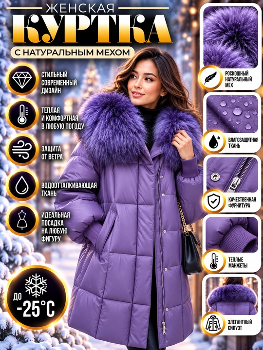 Ayollar uchun qishki uzun kurtka, mo‘ynali yoqali, kapyushonli, issiq puxovik - 