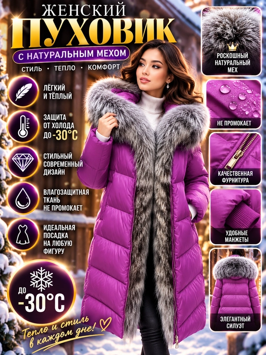 Ayollar uchun qishki uzun kurtka, mo‘ynali yoqali, kapyushonli, issiq puxovik
