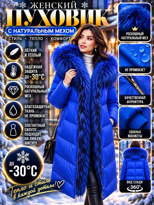 Ayollar uchun qishki uzun kurtka, mo‘ynali yoqali, kapyushonli, issiq puxovik - 