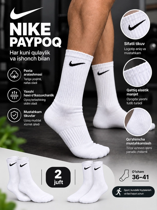 Nike naski, Nike paypoq, oq sport paypoq, erkaklar paypog‘i, 2 juft naski - 