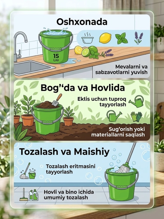 Mustahkam plastmassa chelak, tutqichli, xo'jalik va maishiy ishlar uchun 15L