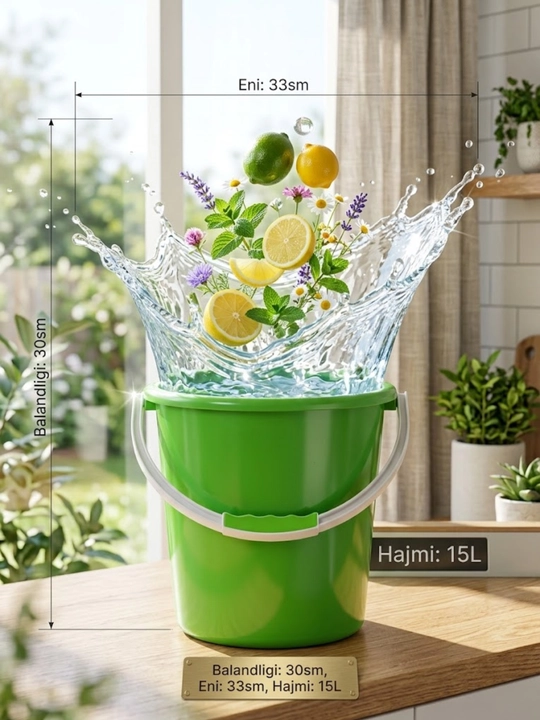 Mustahkam plastmassa chelak, tutqichli, xo'jalik va maishiy ishlar uchun 15L
