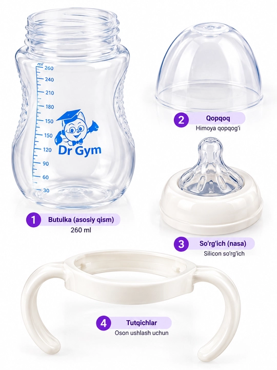 Dr Gym bolalar uchun PP butilka, silikon so‘rg‘ichli, anti-kolik tizimli, 125/260/330 ml