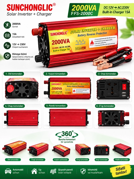 Quyosh invertori, 12V 230V invertor, 2000VA, akkumulyator zaryadlagich, USB port