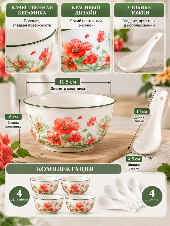 Idishlar to‘plami, 4 ta chinni piyola va 4 ta qoshiq, gulli, 115×115×65 mm