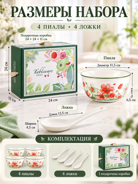 Idishlar to‘plami, 4 ta chinni piyola va 4 ta qoshiq, gulli, 115×115×65 mm