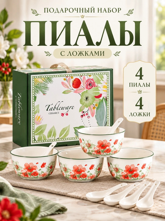 Idishlar to‘plami, 4 ta chinni piyola va 4 ta qoshiq, gulli, 115×115×65 mm