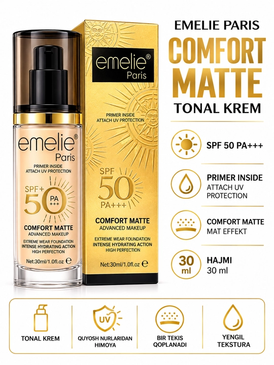 Тональный крем Emelie Paris Comfort Matte SPF 50 PA+++, с праймером, 30 мл - 