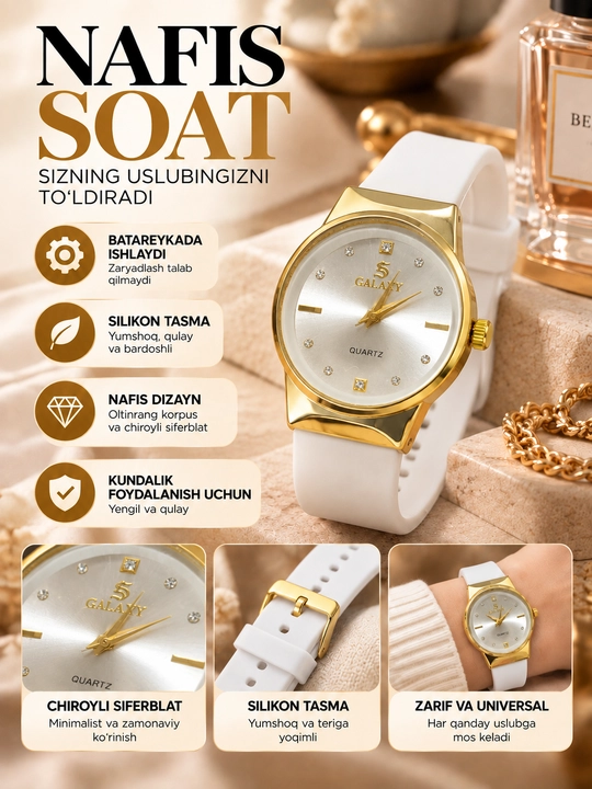 Ayollar qo‘l soati, analog, batareyali, qora silikon tasmali, oltinrang
