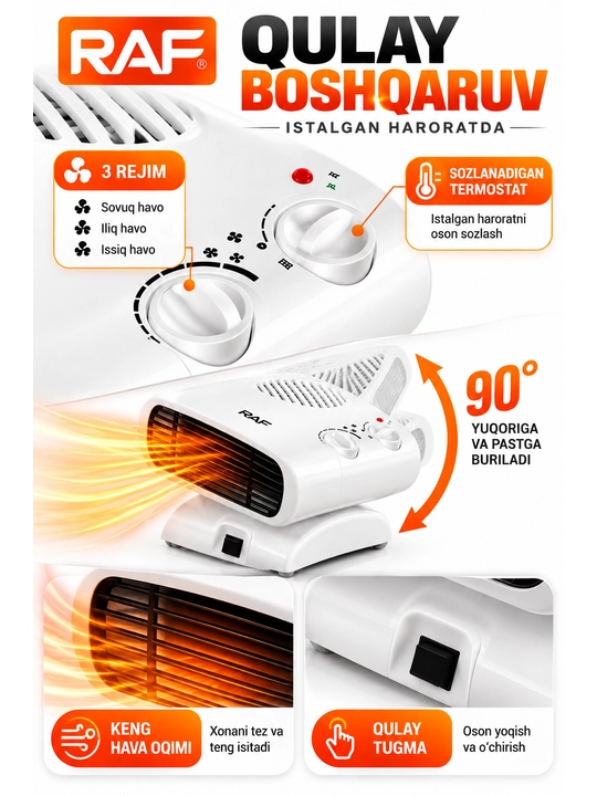 Elektr isitgich RAF 2000 W, 2 rejimli, termostatli, 90° buriluvchi