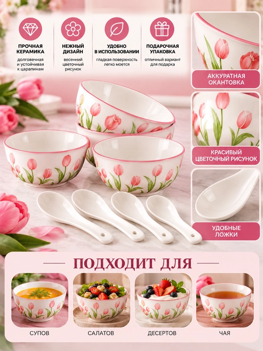 Набор посуды для кухни, 4 фарфоровые пиалы и 4 ложки, цветочный рисунок, 115 мм