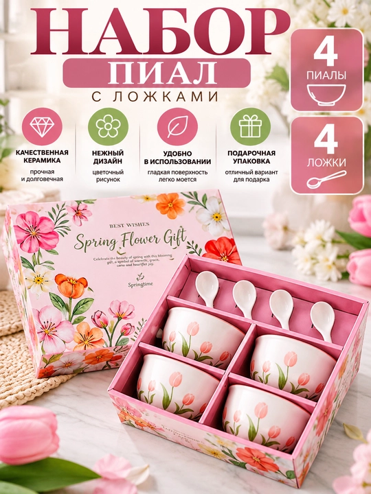 Набор посуды для кухни, 4 фарфоровые пиалы и 4 ложки, цветочный рисунок, 115 мм