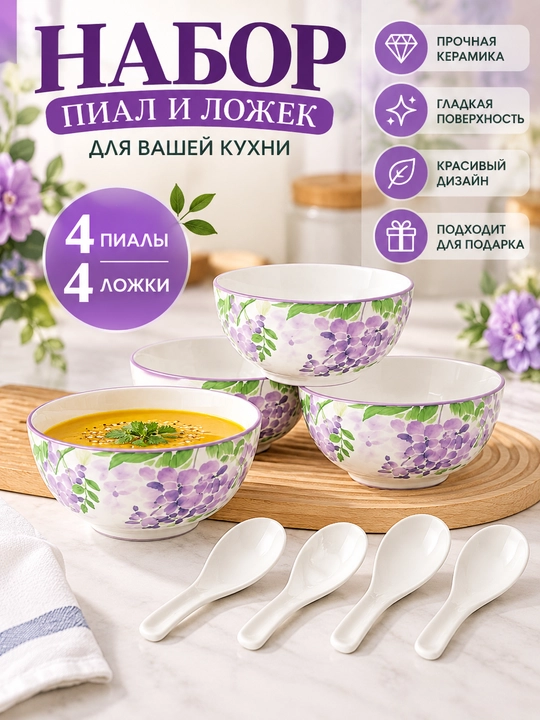Набор посуды для кухни, 4 фарфоровые пиалы и 4 ложки, цветочный рисунок, 115 мм