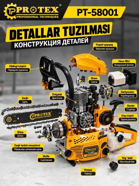 PROTEX  Бензиновая цепная пила, бензопила, мотопила, цепная пила 3200 Вт 58CC
