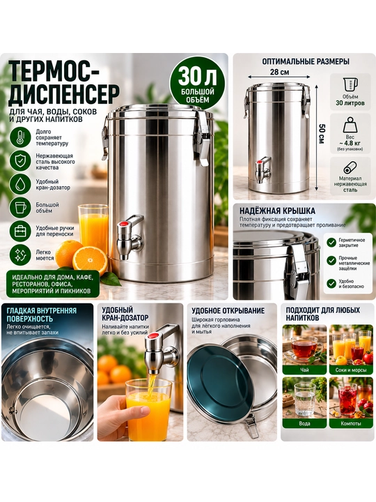 Бак из нержавейки с краном для чая, воды и сока - 